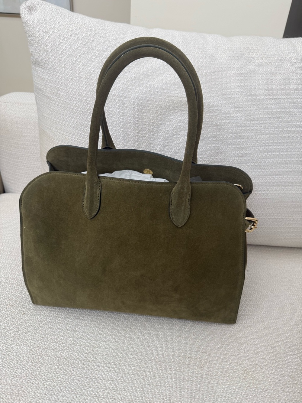 Olive Suede Structured Top-Handle Laptop Bag